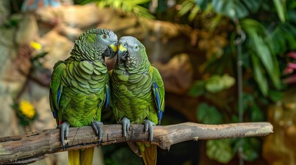 Obraz premium Two Green Parrots Perched and Interacting on a Branch