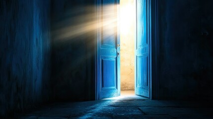 Obraz premium A blue door opens to a bright light in a dark room.