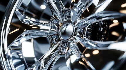 extreme closeup of polished aluminum sports car wheel rim reflecting ambient light and showcasing intricate design details