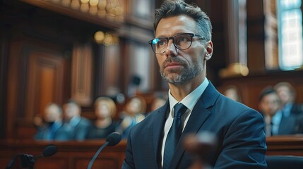 Fototapeta premium A Man in a Suit and Glasses Looking Up in a Courtroom