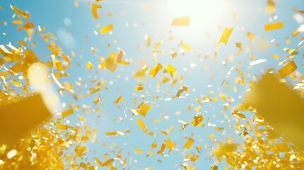 exuberant celebration backdrop explosion of vibrant yellow confetti against sunny background dynamic festive atmosphere with various colorful paper shapes floating