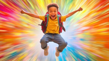 exuberant scholar cheerful young boy with backpack leaping joyfully against colorful abstract background radiating excitement for learning