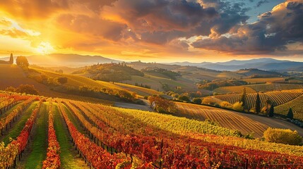 Sunlit Vineyard Rows with Autumn Foliage and Rolling Hills