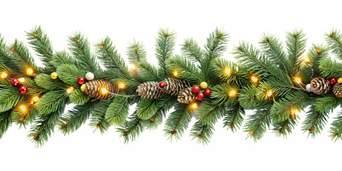The image shows a festive Christmas garland of green pine branches without background, decorated with cones, red berries and golden balls. Small lights glow between the branches.