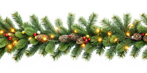 The image shows a festive Christmas garland of green pine branches without background, decorated with cones, red berries and golden balls. Small lights glow between the branches.