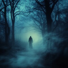 Fototapeta premium Haunted Trail Adventure, an eerie path shrouded in fog, twisted trees loom overhead, shadows dance among the underbrush, unexpected surprises lurk at every turn.