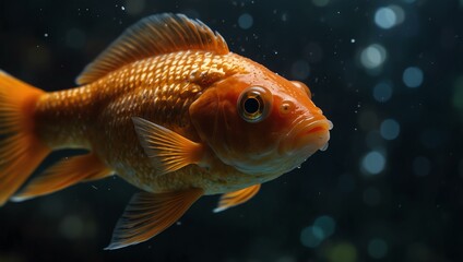 A goldfish swimming in a dimly lit aquarium, captured in a close-up shot that highlights its shimmering scales.