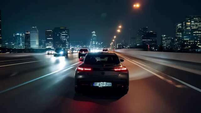 The camera holds steady as a car speeds down a city highway at night, with ambient lights reflecting off its windows.