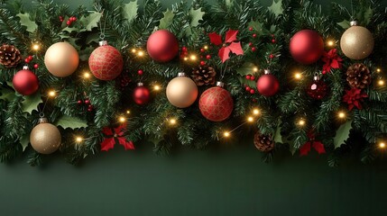 Christmas garland with baubles and lights, holiday greenery decor,