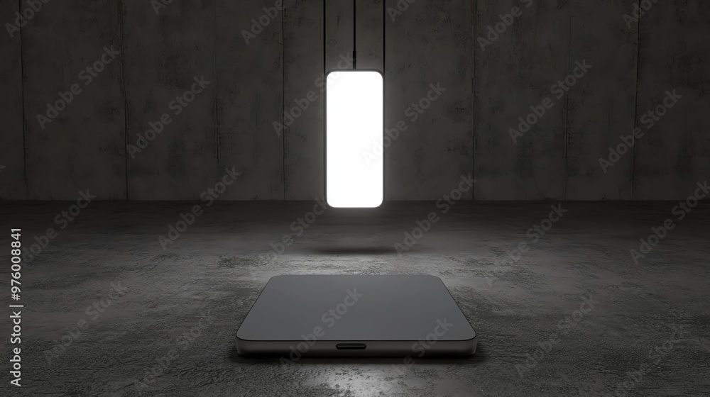 Poster a minimalist design featuring a suspended light over a sleek surface, creating a modern aesthetic in