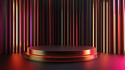 A circular golden podium with two tiers sits on a dark background with vertical neon lights, creating a futuristic and stylish setting.