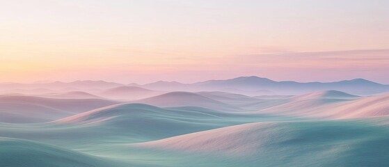 Rolling pastel hills fading into the distance, soft textures and ethereal light, creating a tranquil and dreamlike landscape, perfect for a soothing 3D visual experience