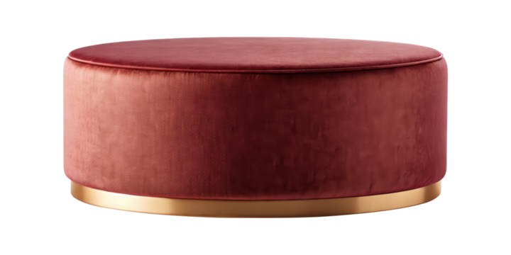 Red velvet ottoman with a golden base and plush texture, offering a bold and modern design that adds style and sophistication to any interior setting. Isolated on transparent background, png.