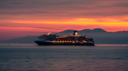 Cruise Ship Sailing at Sunset with Mountains in the Background