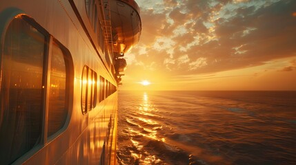 Cruise Ship Sailing at Sunset with Golden Hues.