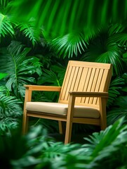 Obraz premium Wooden chair surrounded by lush tropical plants