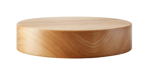 Round wooden display pedestal stand with a smooth surface and natural wood grain texture, ideal for showcasing products or decorations. Isolated on transparent background, png.