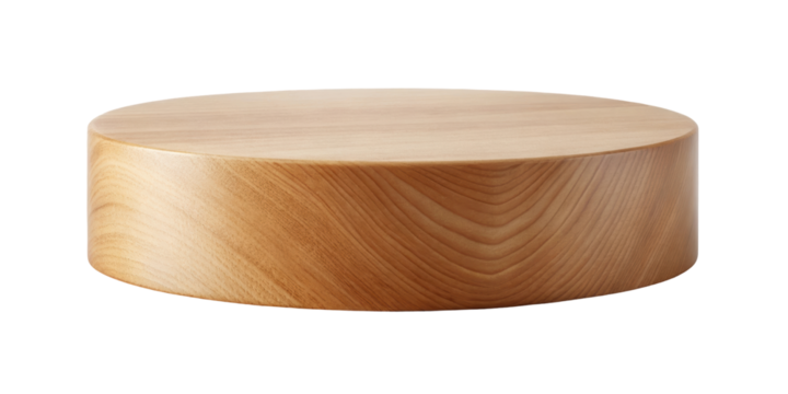 Round wooden display pedestal stand with a smooth surface and natural wood grain texture, ideal for showcasing products or decorations. Isolated on transparent background, png.