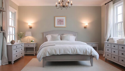 Serene Bedroom with Sage Green Walls and White Accents with Peach Walls and Natural Light