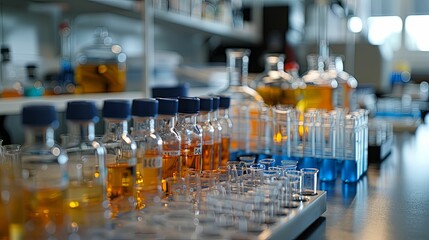 Close-up of Yellow Liquid in Glass Bottles in a Laboratory Setting