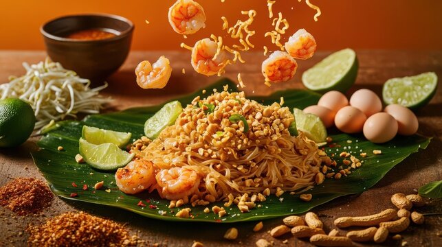 Delicious shrimp pad thai with fresh ingredients, garnished with peanuts and lime, served on a banana leaf. Perfect for food lovers.