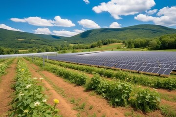 Fototapeta premium Solar panels on lush green meadow under clear sunny sky with fluffy white clouds