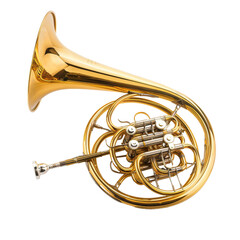 A shiny French horn rests elegantly on a white surface, showcasing its intricate design and...