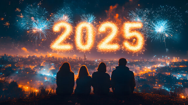 New Year Eve 2025 celebration 3D letter fireworks night sky, confetti, sparkling lights. Crowded people group celebrate Holiday festival illustration wallpaper backdrop banner background - Powered by Adobe