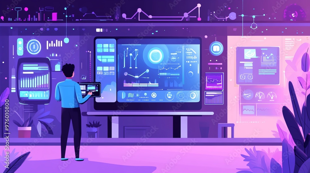 Poster a person interacts with digital data screens in a futuristic workspace surrounded by vibrant colors 