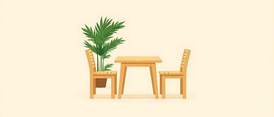 Wooden Table and Chairs with Green Plant