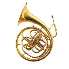 A polished brass French horn placed against a plain background showcases its elegant curves and intricate design during a music rehearsal session