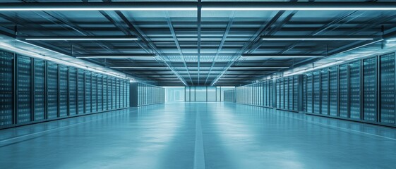 Futuristic data center interior with blue lighting and rows of server racks, creating a modern tech environment.