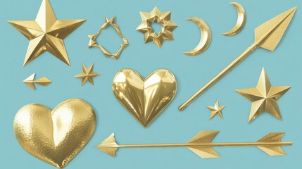 A collection of gold-colored shapes on a blue background, including stars, hearts, arrows, and a crescent moon.
