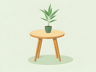 Wooden Table with Potted Plant Illustration