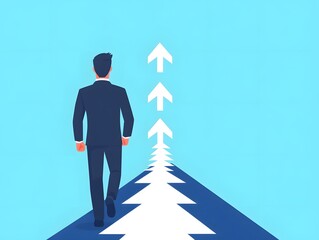 Obraz premium Businessman Walking Upward Path Success Arrow Goal Target
