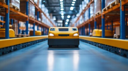 Automated Guided Vehicles in a Modern Distribution Warehouse, showcasing advanced logistics technology, efficient material handling, and streamlined operations in a busy environment