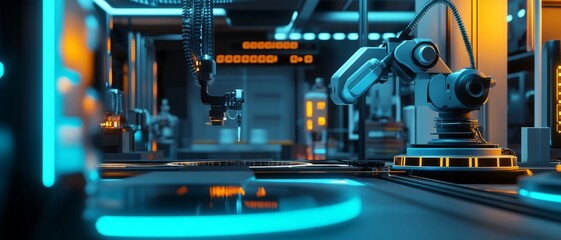Fototapeta premium Futuristic robotics technology center with neon lights and advanced machinery, showcasing automation and innovation in industry.