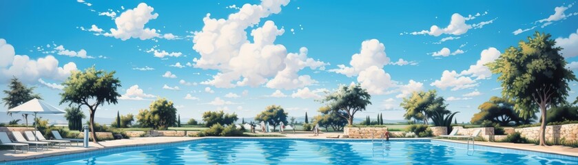 Fototapeta premium A festive illustration of a hot summer day at a pool with a bright blue sky