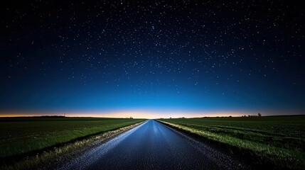 A dark rural road, lit only by the stars above, the quiet night broken by the faint sounds of nature rural road, night, silence