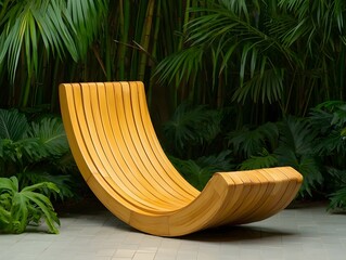 Modern Wooden Bench in a Lush Green Garden