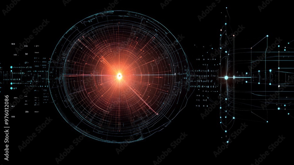 Poster visualization of wave-particle duality in quantum mechanics illustrating dynamic interactions at a s