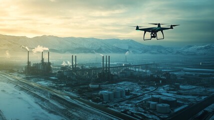 Drone surveillance monitoring vast industrial landscape, showcasing intricate machinery and sprawling facilities under a clear sky, emphasizing technological oversight and efficiency.