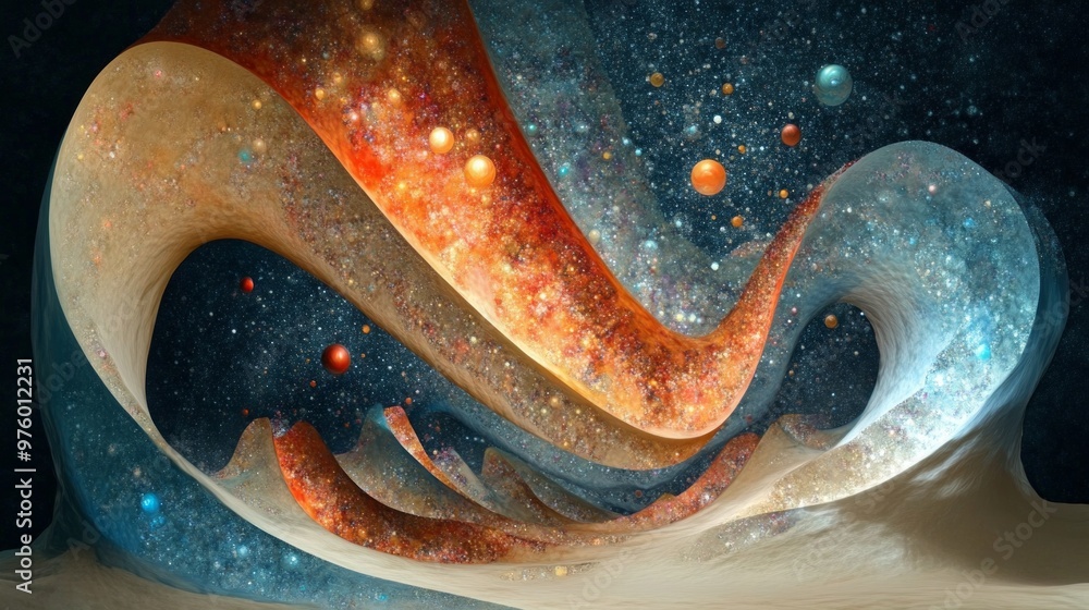 Poster visual representation of quantum mechanics illustrating superposition with cosmic elements and vibra