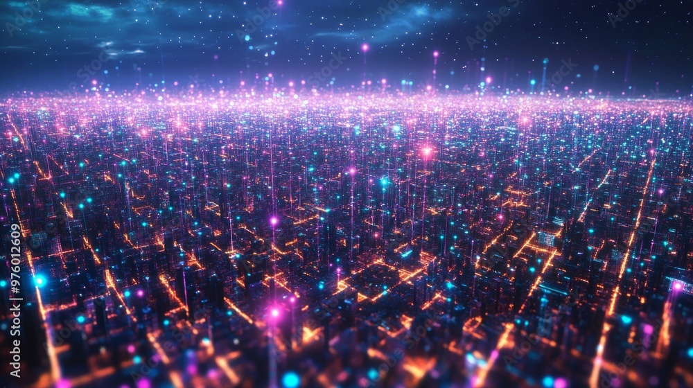 Aufkleber vibrant visualization of quantum cryptography networks showcasing glowing qubits amidst a futuristic