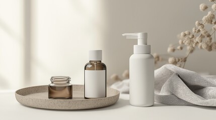 Naklejka premium Minimalist Skincare Bottles mockup on Neutral Background
