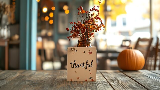 A rustic display of gratitude featuring a thankful vase, autumn flowers, and warm ambiance, perfect for fall decor inspiration.