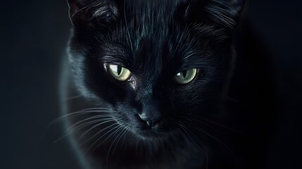 A dramatic closeup of a black cat exuding an air of mystery and confidence. Animal portrait concept