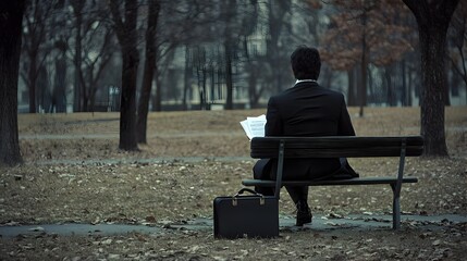 Fototapeta premium Person Sitting on Park Bench with Briefcase of Bankruptcy Documents Symbolizing Isolation