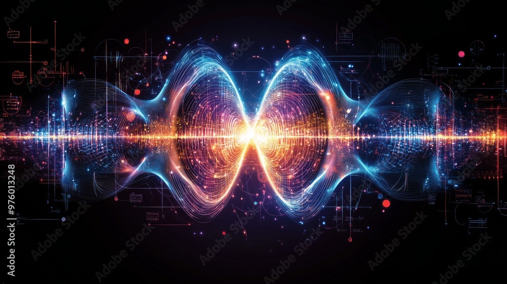 Poster futuristic quantum computer conducting teleportation experiments with vibrant energy streams