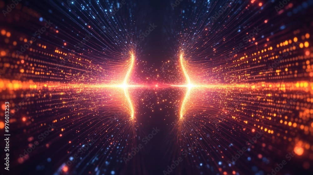Poster artistic visualization of quantum teleportation illustrating particle state transfer through entangl